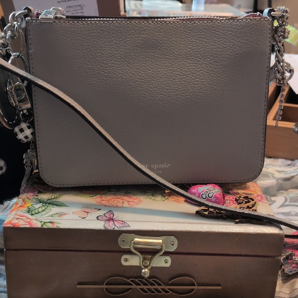 kate spade Gray Crossbody Leather Bag with Silver Chain